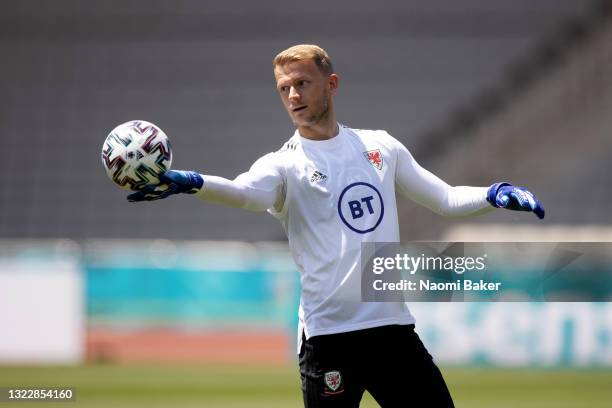 Adam Davies of Wales warms up during a Wales training session at Tofiq Bahramov Stadium ahead of the UEFA Euro 2020 Championship on June 10, 2021 in...