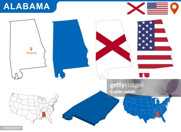 usa state of alabama's map and flag. - state of alabama map stock illustrations