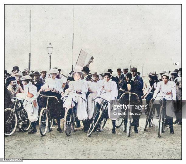 antique photo: bicycle women - protest archival stock illustrations