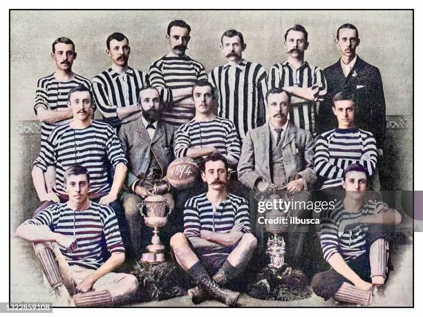 antique photo: football soccer team, east london (south africa) - london football awards stock illustrations