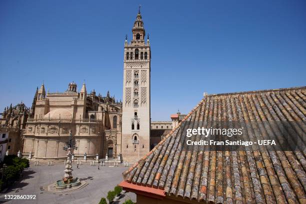 La Giralda is seen from Hotel Doña Maria ahead of the UEFA Euro 2020 Championship on June 10, 2021 in Seville, Spain.