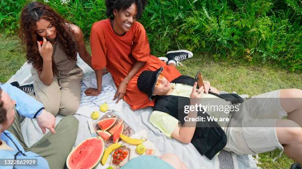 friends enjoying a picnic on spring day - friends picnic stock pictures, royalty-free photos & images