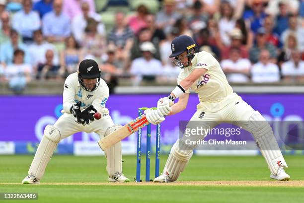 England batsman Ollie Pope is caught behind by the wicketkeeper Tom Blundell off the bowling of Ajaz Patel during day one of the second Test Match...