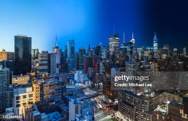 composite day to night skyline view of midtown manhattan - new york - new york times building stock pictures, royalty-free photos & images