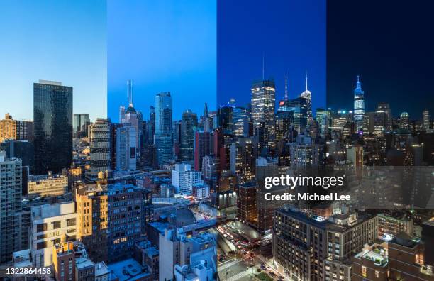 composite day to night skyline view of midtown manhattan - new york - new york times building stock pictures, royalty-free photos & images