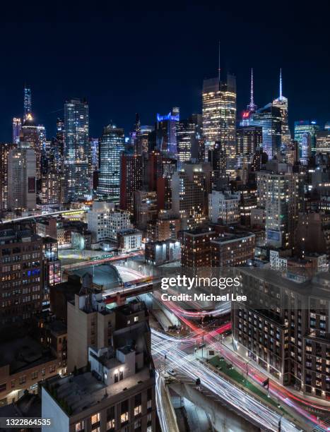 high angle skyline view of midtown manhattan - new york - new york times building stock pictures, royalty-free photos & images