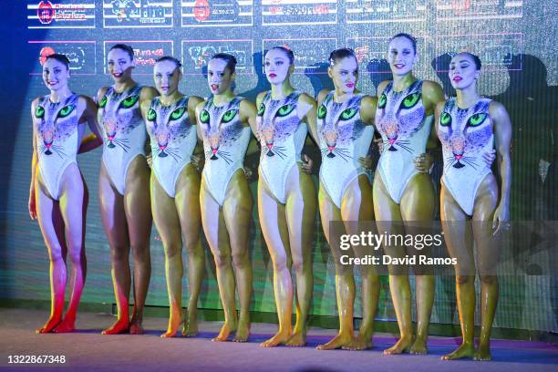 The Greece team wave after competing during the Team Technical Routine as part of the FINA Artistic Swimming Olympic Games Qualifying Tournament 2021...