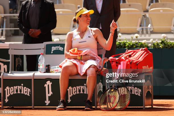 Anastasia Pavlyuchenkova of Russia celebrates as she takes a seat after winning her Semi-Final Women's Singles match against Tamara Zidansek of...