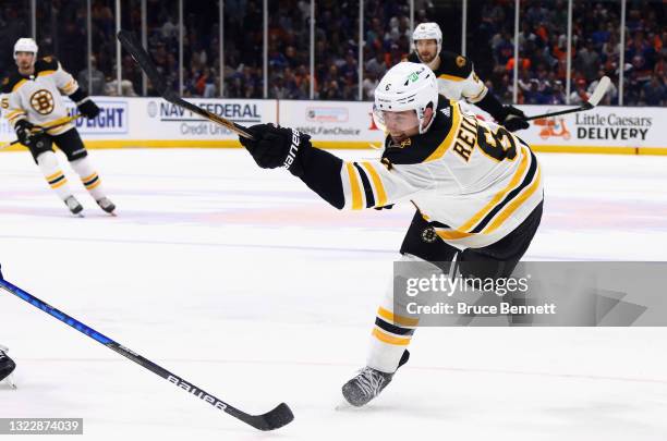 Mike Reilly of the Boston Bruins skates against the New York Islanders in Game Six of the Second Round of the 2021 NHL Stanley Cup Playoffs at the...