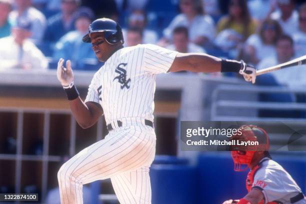 Frank Thomas of the Chicago White Sox takes a swing during a baseball game against the Boston Red Sox on July 2, 1992 at New Comiskey Park in...