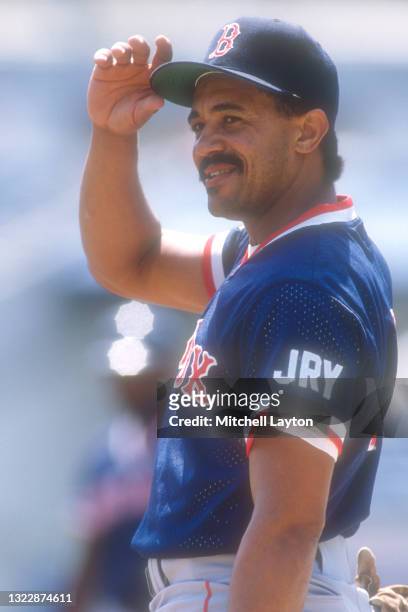 Tony Pena of the Boston Red Sox looks on during batting practice of a baseball game against the Chicago White Sox on July 2, 1992 at New Comiskey...