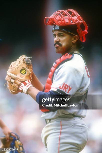 Tony Pena of the Boston Red Sox looks on during a baseball game against the Cleveland Indians on April 2,1992 at Cleveland Stadium in Cleveland, Ohio.