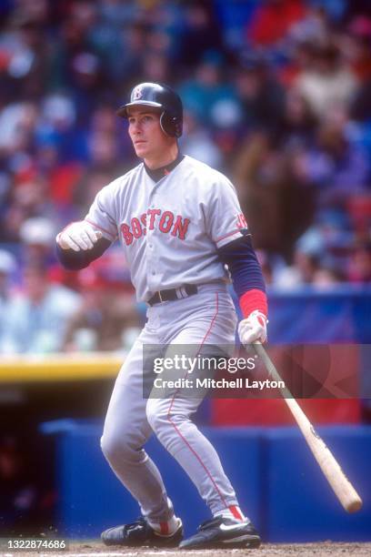 John Flaherty of the Boston Red Sox takes a swing during a baseball game against the Cleveland Indians on April 2,1992 at Cleveland Stadium in...