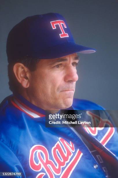 Manager Bobby Valentine of the Texas Rangers looks on before a baseball game against the Baltimore Orioles on July 26, 1992 at Oriole Park at Camden...