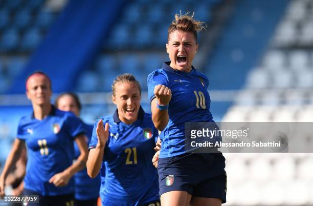 Cristiana Girelli of Italy celebrates after scoring the opening goal during the women international friendly match between Italy and Netherlands at...