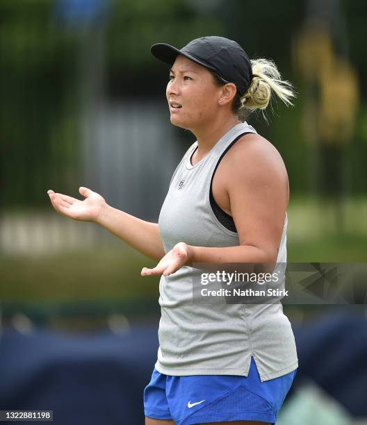 Tara Moore of Great Britain partner of Eden Silva of Great Britain reacts during the women’s double match between Caroline Dolehide of United States...