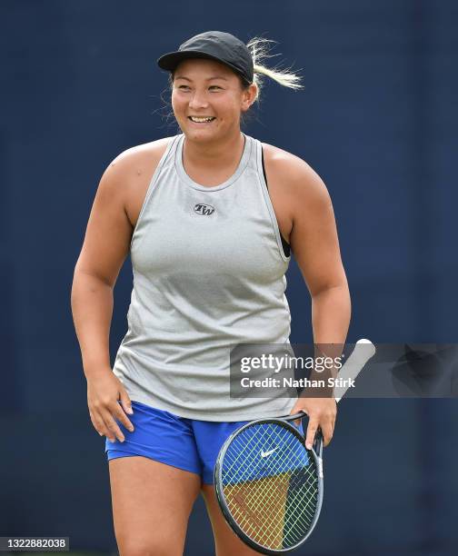 Tara Moore of Great Britain partner of Eden Silva of Great Britain looks on during the women’s double match between Caroline Dolehide of United...