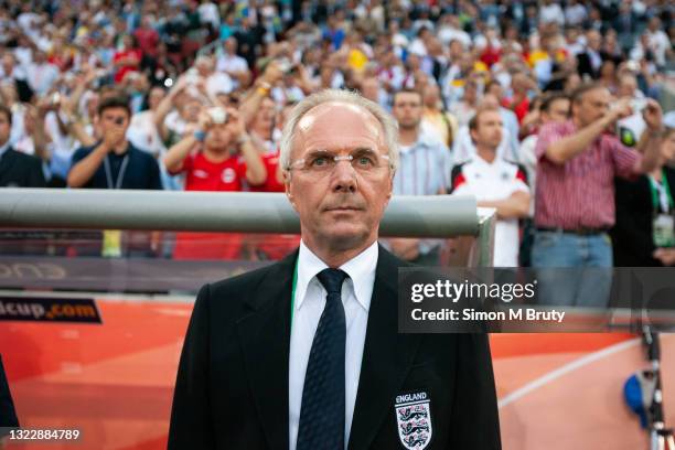 Sven Goran Eriksson the coach of the England team before the FIFA World Cup Group B match between England and Sweden at the Rhein Energie Stadium on...