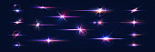 Sparkle light. Lens flares. Realistic shine effect. Glowing stars and camera flashes. Glittering elements set with blue and violet gradient. Bright starlight. Vector blinding glares