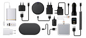 Charge smartphone. Realistic wireless charger. 3D energy battery refuels. Plug socket with USB cords. Auto charging adaptor. Isolated devices for mobile. Vector digital accessories set