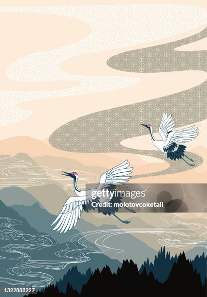 ilustrações, clipart, desenhos animados e ícones de fundo de cenário oriental com guindaste voando - grou pássaro