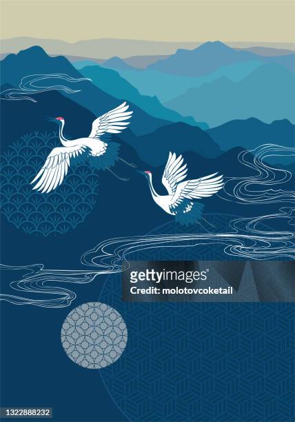 oriental scenery background with crane flying - mountain range outline stock illustrations
