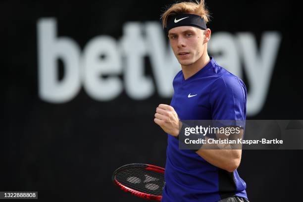 Denis Shapovalov of Canada reacts during his match against Felicano Lopez of Spain during day 4 of the MercedesCup at Tennisclub Weissenhof on June...