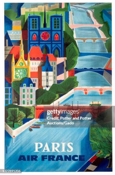 "Paris" travel poster depicting a colorful, aerial view of bridges crossing the Seine with Ile de la Cite and La Notre Dame at left, illustrated by...