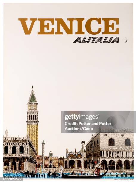 "Venice" poster with an Italian-language newspaper collage depicting a gondolier poling past the Doge's Palace, St Mark's Basilica, the Campanile,...