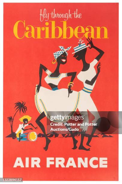 "Fly through the Caribbean" poster depicting a stylized couple dancing to the beat of a drummer, with palm trees, sailboats, and mountains...