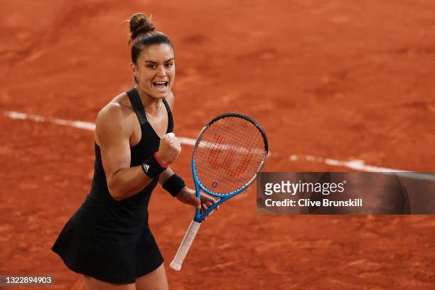 Maria Sakkari of Greece celebrates in her Semi-Final Women's Singles match against Barbora Krejcikova of The Czech Republic during Day Twelve of the...