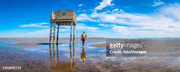woman walking over tidal beach lindisfarne pilgrims way panorama northumberland - northumberland stock pictures, royalty-free photos & images