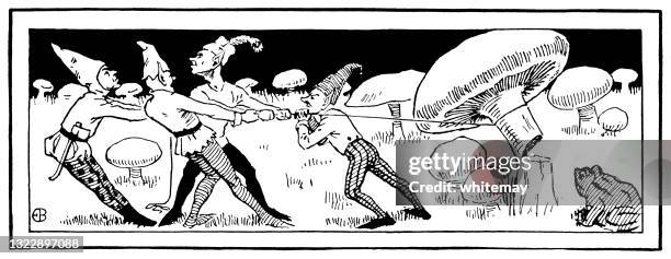 four elves felling a large mushroom - elves working stock illustrations