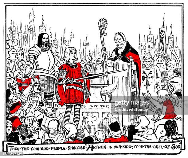king arthur pulls the sword from the stone - archbishop stock illustrations