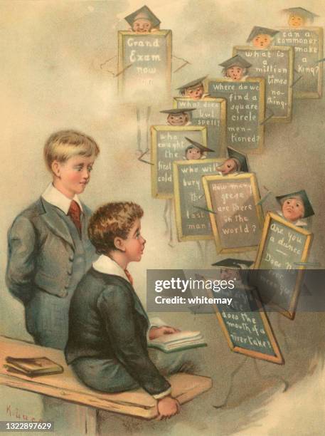 schoolboys persecuted by mischievous imps carrying exam questions on blackboards - bad classroom behavior stock illustrations