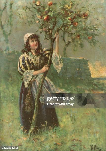 young girl shaking an apple tree to gather its fruit - only teenage girls stock illustrations
