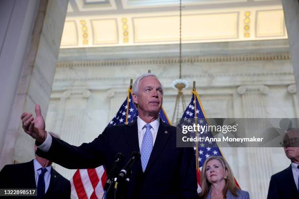 Sen. Ron Johnson speaks at a news conference with Republican senators to discuss the origins of COVID-19 on June 10, 2021 in Washington, DC. The...