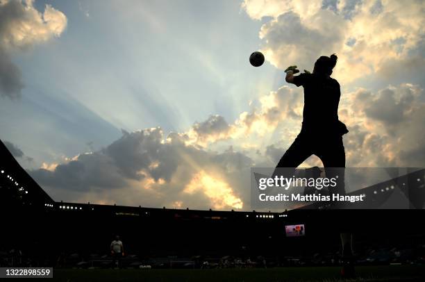 Pauline Peyraud-Magnin of France warms up prior to the Women's International Friendly match between France and Germany at La Meinau Stadium on June...