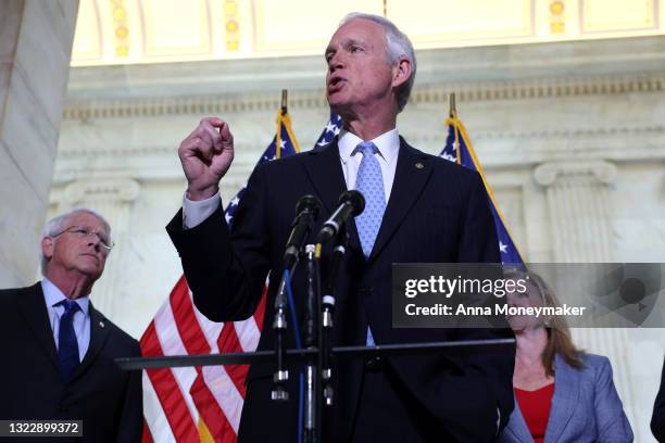 Sen. Ron Johnson speaks at a news conference with Republican senators to discuss the origins of COVID-19 on June 10, 2021 in Washington, DC. The...