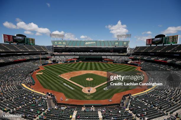 General view of play during the game between the Oakland Athletics and the Arizona Diamondbacks at RingCentral Coliseum on June 09, 2021 in Oakland,...