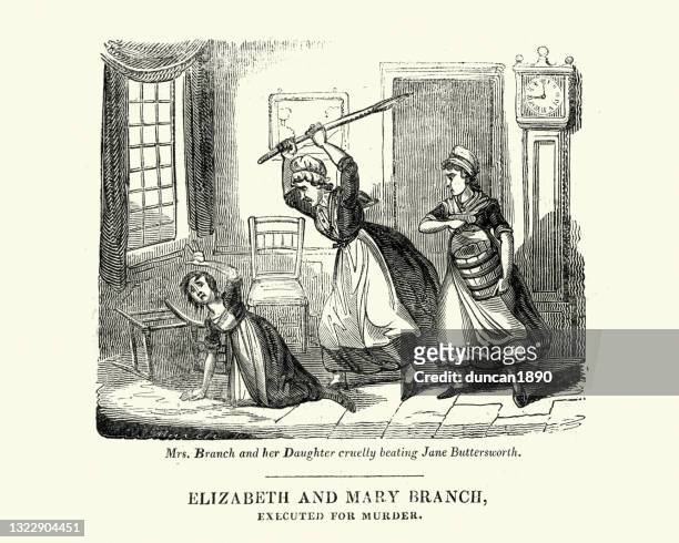 ilustraciones, imágenes clip art, dibujos animados e iconos de stock de elizabeth y mary branch, golpeando cruelmente a jane butterworth, crimen del siglo 18 - abuso infantil