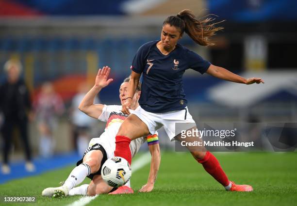 Sakina Karchaoui of France is challenged by Svenja Huth of Germany during the Women's International Friendly match between France and Germany at La...