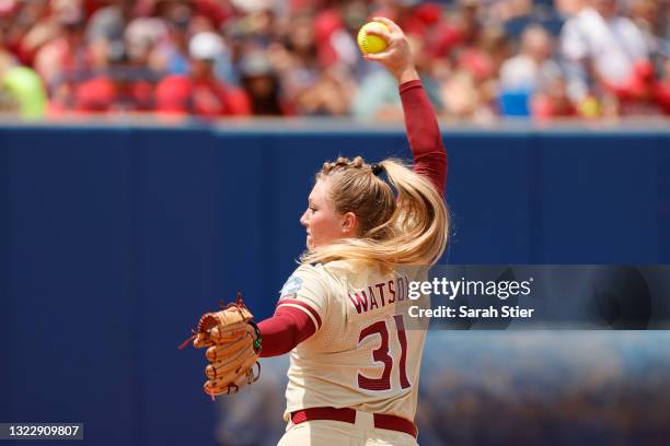 Danielle Watson of the Florida St. Seminoles pitches during the first inning of Game 3 of the Women's College World Series Championship against the...