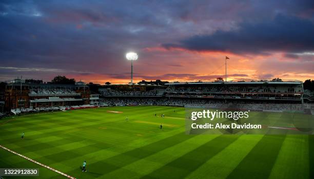 General view as the sun sets during the Vitality T20 Blast match between Middlesex and Surrey at Lord's Cricket Ground on June 10, 2021 in London,...