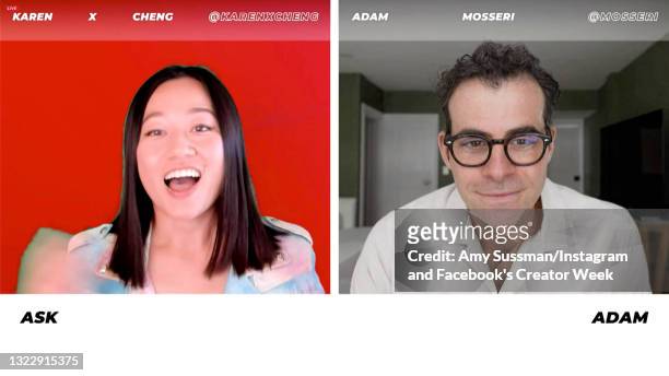 In this screengrab, Karen X. Cheng and Adam Mosseri speak during Instagram and Facebook's Creator Week on June 10, 2021 in Los Angeles, California.