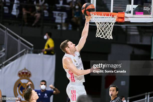 Fabien Causeur of Real Madrid shoots during the Liga ACB Semi-finals match between Real Madrid and Valencia at Wizink Center on June 10, 2021 in...