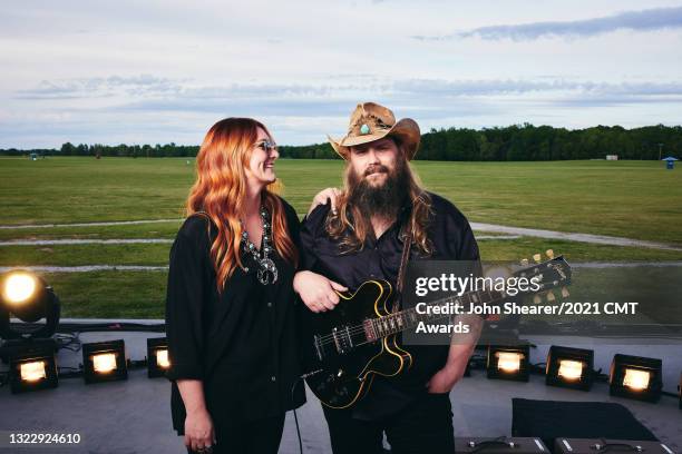 In this image released on June 10th 2021, Morgane Stapleton and Chris Stapleton pose for the 2021 CMT Music Awards at The Bonnaroo Farm in...