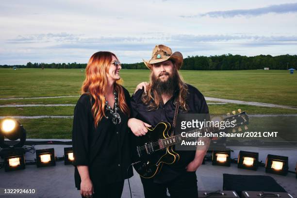 In this image released on June 10th 2021, Morgane Stapleton and Chris Stapleton pose for the 2021 CMT Music Awards at The Bonnaroo Farm in...