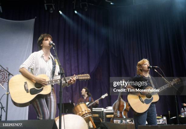 Amy Ray and Emily Saliers of Indigo Girls perform during the Lilith Fair at Shoreline Amphitheatre on June 24, 1998 in Mountain View, California.