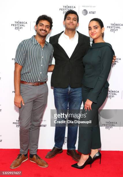 Karan Soni, director Roshan Sethi and Geraldine Viswanathan attend the 2021 Tribeca Festival Premiere of "7 Days" at Brooklyn Commons at MetroTech on...